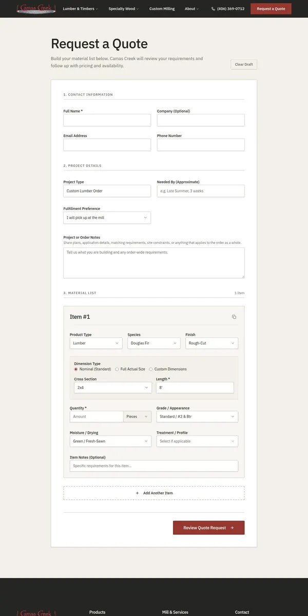 Guided quote builder showing lumber type, species, dimensions, quantity, finish and project details